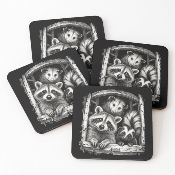 Item preview, Cute Raccoon Opossum Skunk Wooden Window designed and sold by NikolausReva.