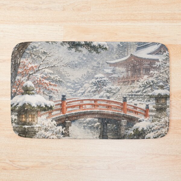 Item preview, Japanese Winter Temple and Red Bridge Watercolor Painting designed and sold by vekotpu.