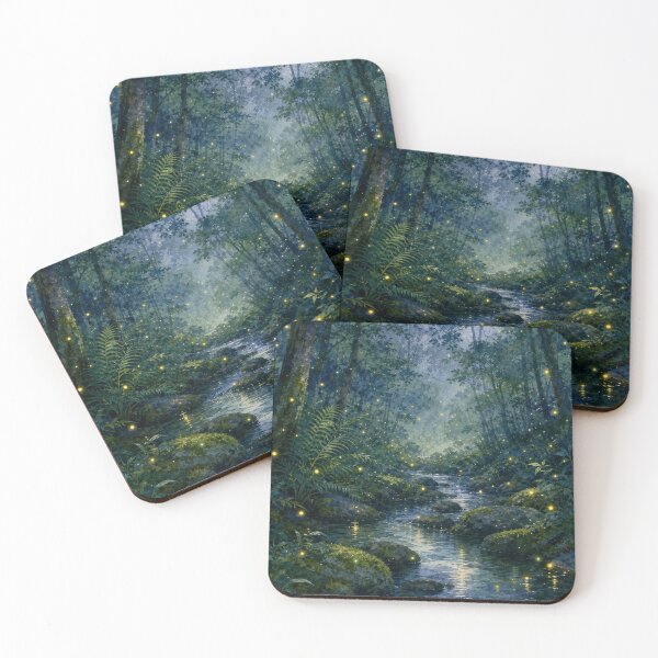 Item preview, Japanese Fireflies in Enchanted Forest River Watercolor designed and sold by vekotpu.