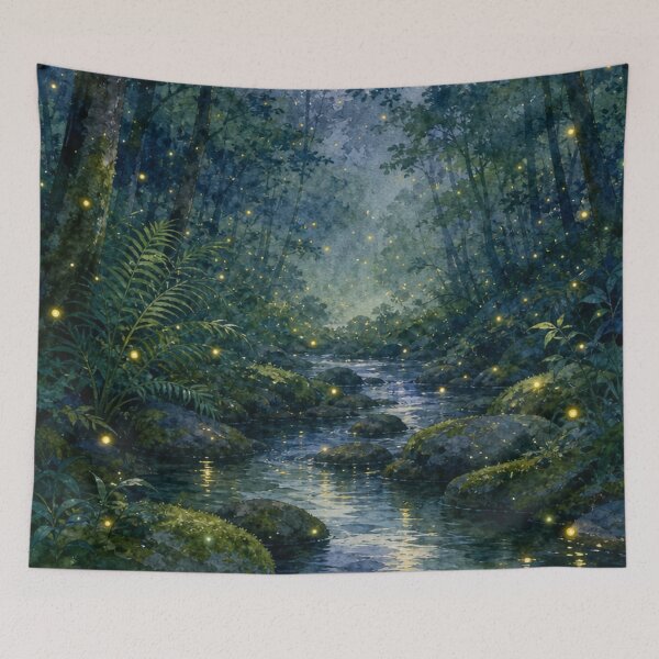 Item preview, Japanese Fireflies in Enchanted Forest River Watercolor designed and sold by vekotpu.