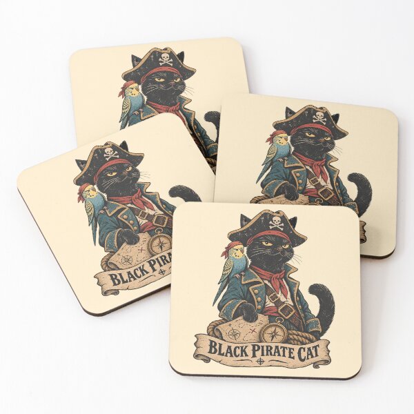 Item preview, Black Pirate Cat With Parakeet Treasure Map Nautical Vintage Sailor Illustration designed and sold by Dogandesighn.
