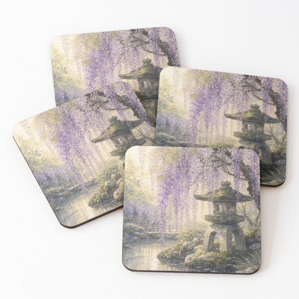 Item preview, Japanese Wisteria Garden and Stone Lantern Watercolor designed and sold by vekotpu.