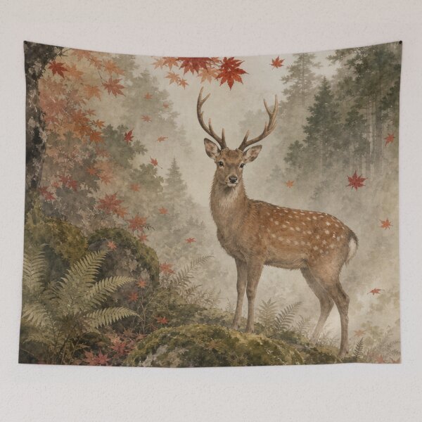 Item preview, Japanese Deer and Autumn Maple Leaves Watercolor Painting designed and sold by vekotpu.