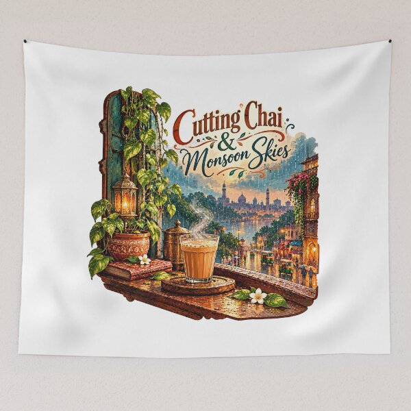 Item preview, Cutting Chai Monsoon Hindi Indian Rain Art designed and sold by MysticCanvasAi.