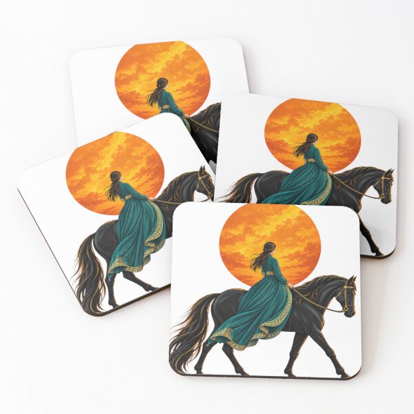 Item preview, Woman Riding a Black Horse at Orange Sunset designed and sold by aliyehc.