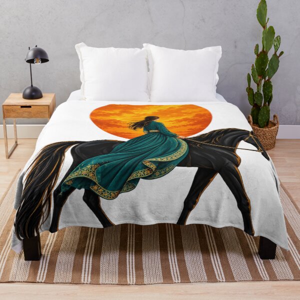 Item preview, Woman Riding a Black Horse at Orange Sunset designed and sold by aliyehc.