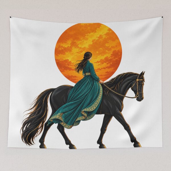 Item preview, Woman Riding a Black Horse at Orange Sunset designed and sold by aliyehc.