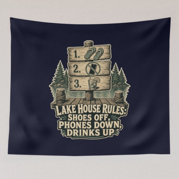 Item preview, Lake House Rules Shoes Off Phones Down Drinks Up Shirt, Funny Lake Life T-Shirt, Lake House Humor Tee, Lake Host Gift Shirt, Vintage Dock Sign Graphic designed and sold by TshirtsLabs.