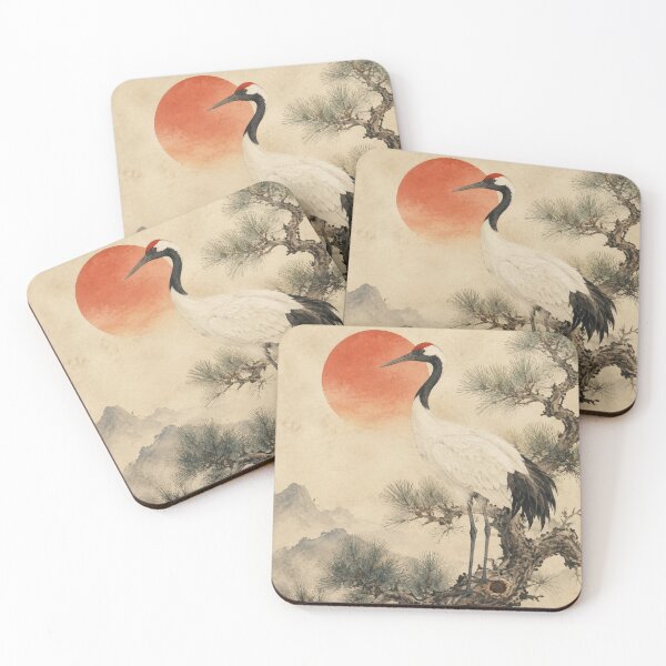 Item preview, Japanese Crane on Pine Tree with Red Sun Watercolor designed and sold by vekotpu.