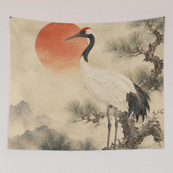 Item preview, Japanese Crane on Pine Tree with Red Sun Watercolor designed and sold by vekotpu.