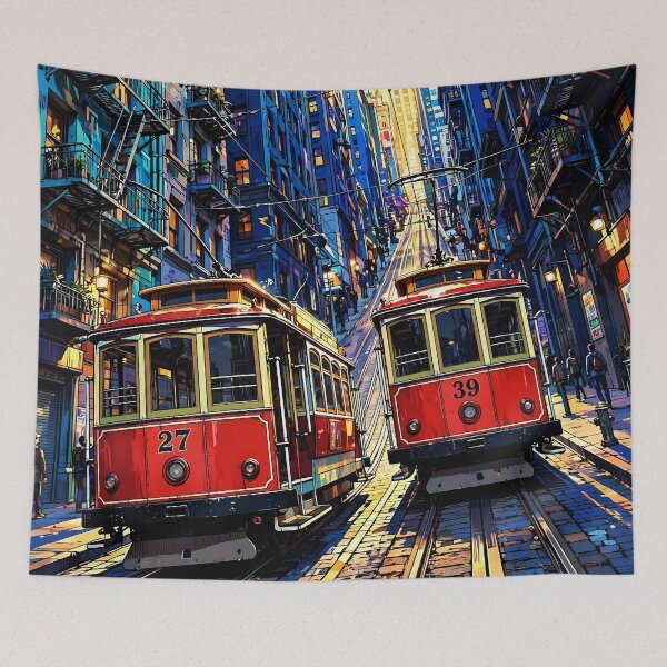 Item preview, Vintage Red Streetcars Cityscape Art designed and sold by Vintage Poster Gallery.