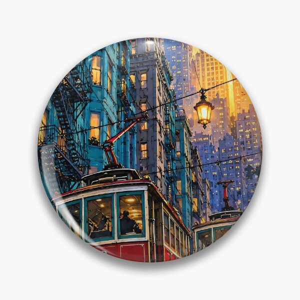 Item preview, Red Streetcars Golden Hour Cityscape designed and sold by Vintage Poster Gallery.