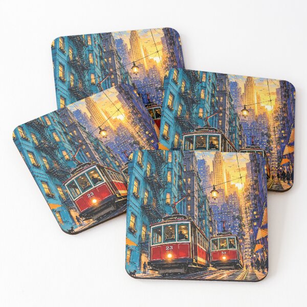 Item preview, Red Streetcars Golden Hour Cityscape designed and sold by Vintage Poster Gallery.