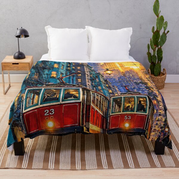 Item preview, Red Streetcars Golden Hour Cityscape designed and sold by Vintage Poster Gallery.