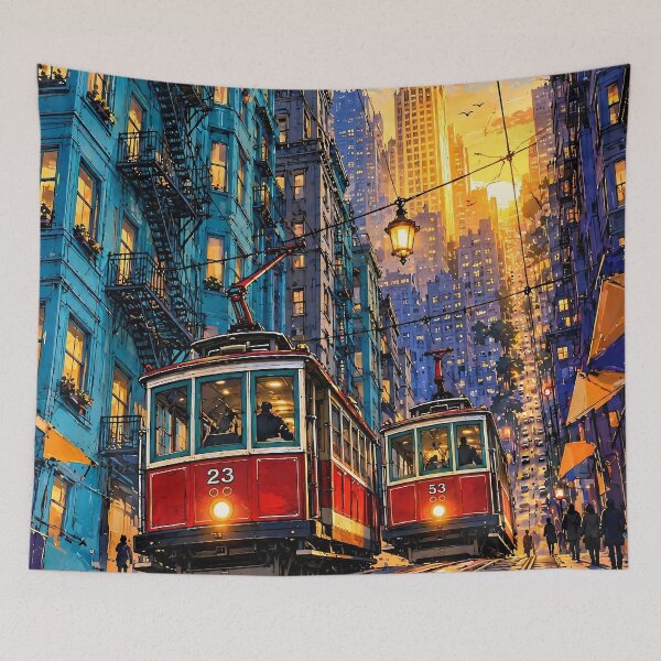 Item preview, Red Streetcars Golden Hour Cityscape designed and sold by Vintage Poster Gallery.