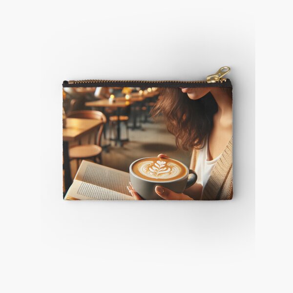 Item preview, Woman sitting in a cafe with a book in her hand, enjoying a creamy coffee with latte art designed and sold by AndreaMart.