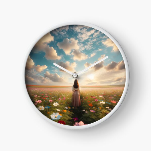 Item preview, Woman standing in the middle of a flower field with gentle clouds in the sky designed and sold by AndreaMart.