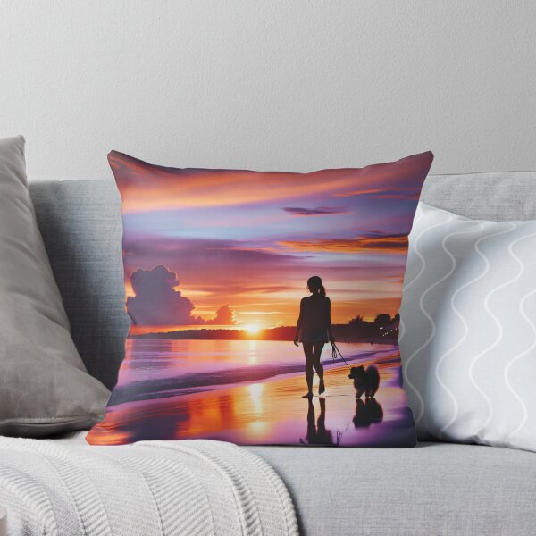Item preview, Woman walking with her dog on the beach at sunset, when the sky is filled with shades of orange and purple designed and sold by AndreaMart.