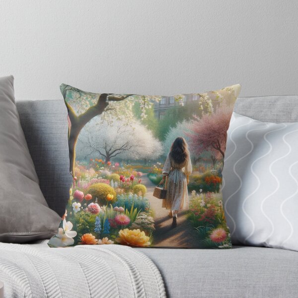 Item preview, Woman walking in a spring park full of various floral species and blooming trees designed and sold by AndreaMart.