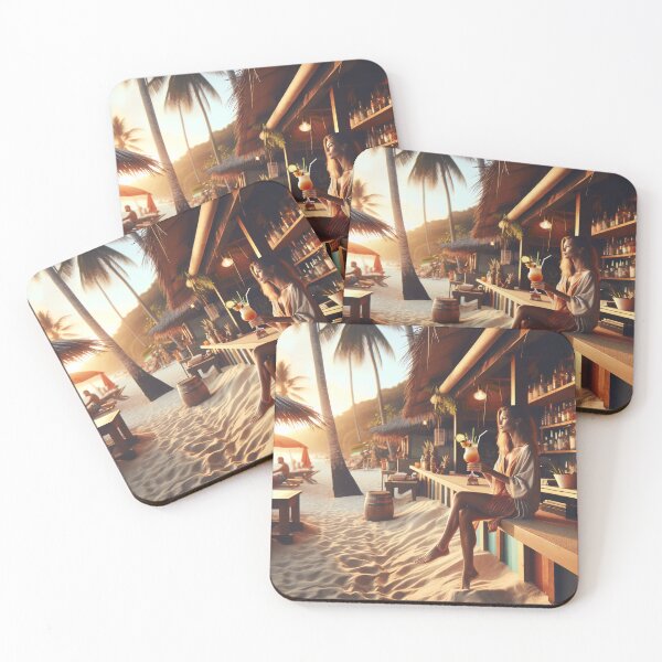 Item preview, Woman with a cocktail sitting in a beach bar with sand under her feet and palm trees in the background designed and sold by AndreaMart.