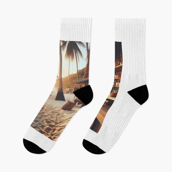 Item preview, Woman with a cocktail sitting in a beach bar with sand under her feet and palm trees in the background designed and sold by AndreaMart.