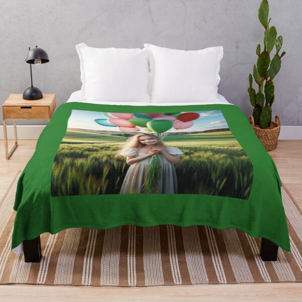 Item preview, Young girl holding balloons in the countryside, surrounded by a green field and a blue sky designed and sold by AndreaMart.