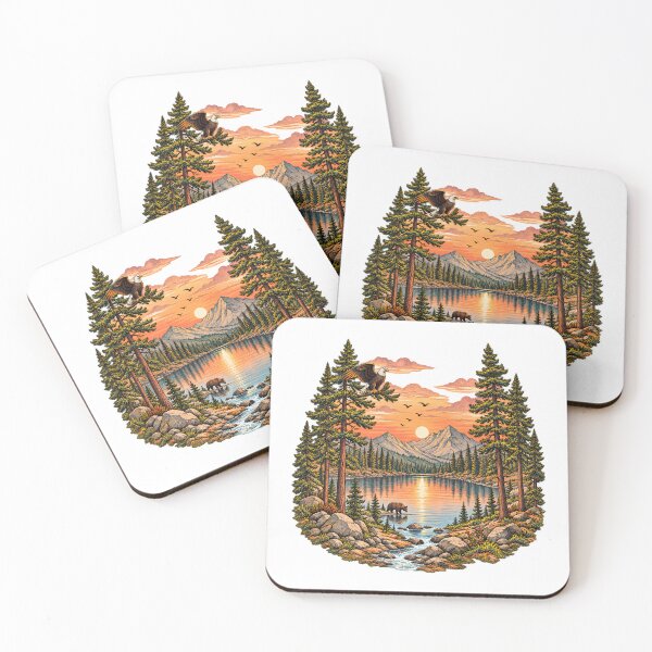 Item preview, Retro mountain with trees Lake Bear Pine Forest Art designed and sold by lamiarte.