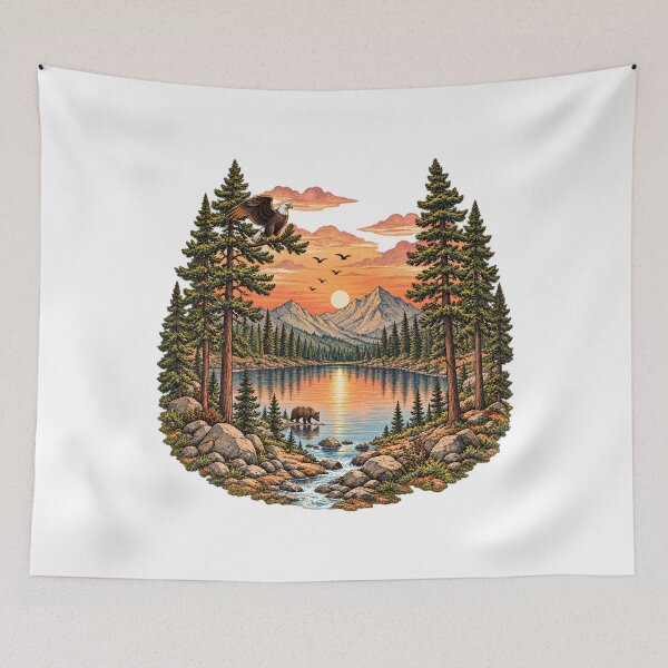 Item preview, Retro mountain with trees Lake Bear Pine Forest Art designed and sold by lamiarte.