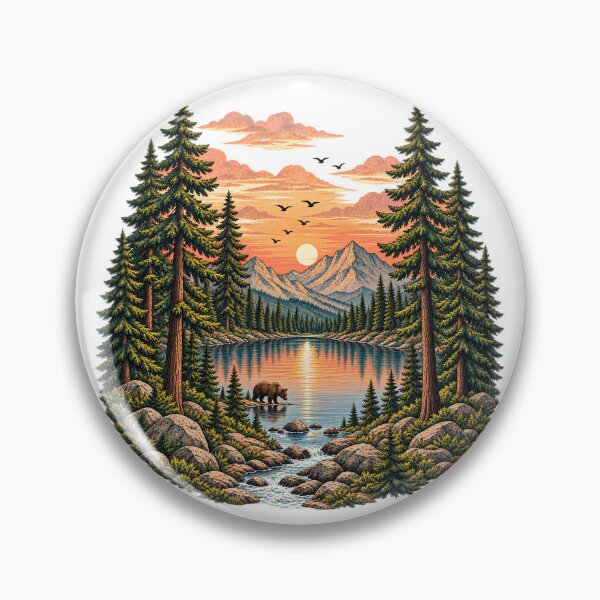 Item preview, Retro mountain with trees golden Sunset Mountain Lake Bear Pine Forest Art designed and sold by lamiarte.