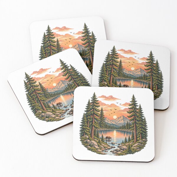 Item preview, Retro mountain with trees golden Sunset Mountain Lake Bear Pine Forest Art designed and sold by lamiarte.