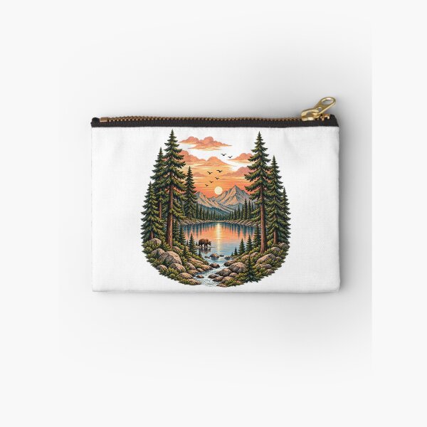 Item preview, Retro mountain with trees golden Sunset Mountain Lake Bear Pine Forest Art designed and sold by lamiarte.