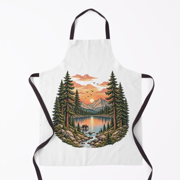 Item preview, Retro mountain with trees golden Sunset Mountain Lake Bear Pine Forest Art designed and sold by lamiarte.