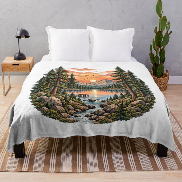 Item preview, Retro mountain with trees golden Sunset Mountain Lake Bear Pine Forest Art designed and sold by lamiarte.