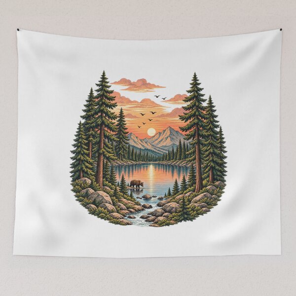 Item preview, Retro mountain with trees golden Sunset Mountain Lake Bear Pine Forest Art designed and sold by lamiarte.