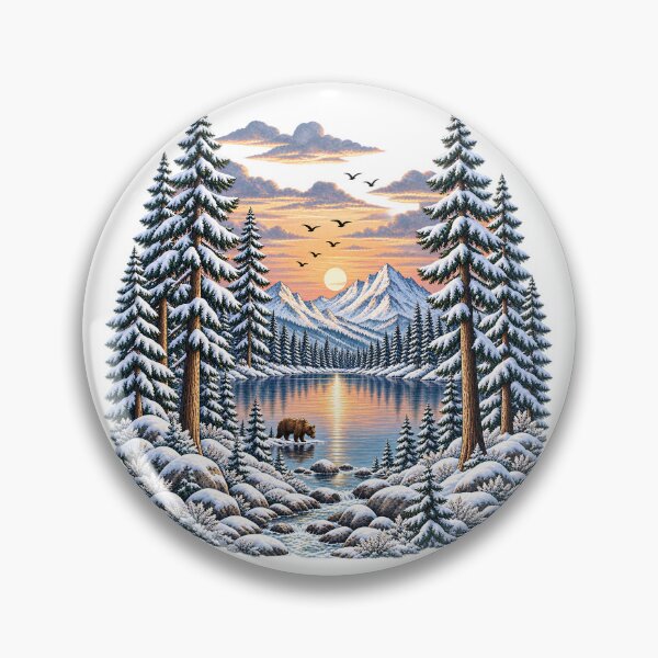 Item preview, Retro mountain with trees winter snow mountain lake bear pines sunset Art designed and sold by lamiarte.