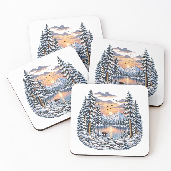 Item preview, Retro mountain with trees winter snow mountain lake bear pines sunset Art designed and sold by lamiarte.