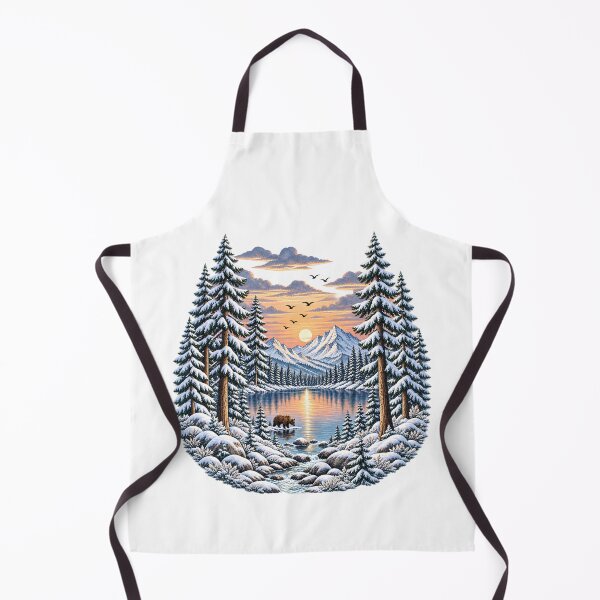 Item preview, Retro mountain with trees winter snow mountain lake bear pines sunset Art designed and sold by lamiarte.