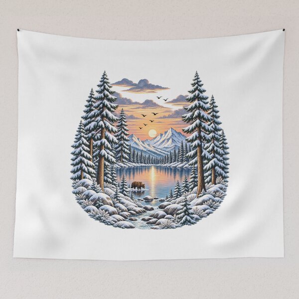 Item preview, Retro mountain with trees winter snow mountain lake bear pines sunset Art designed and sold by lamiarte.