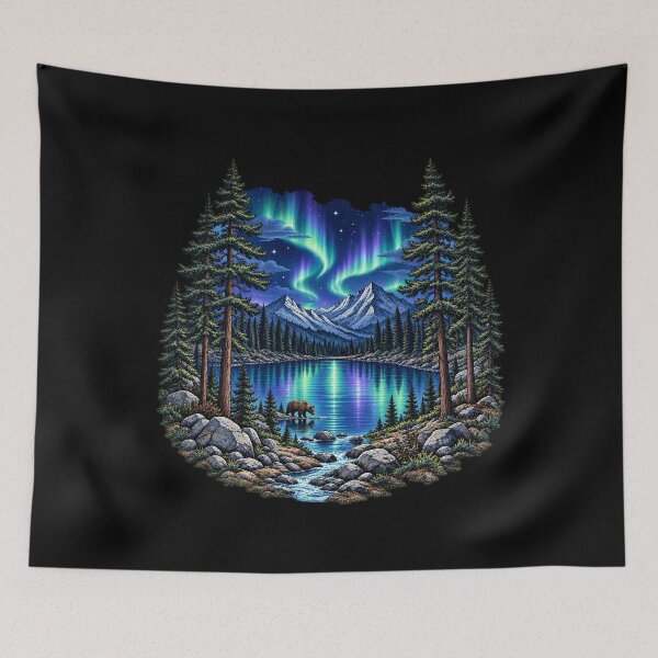 Item preview, Aurora Borealis Northern Lights Bear Mountain Lake Art designed and sold by lamiarte.