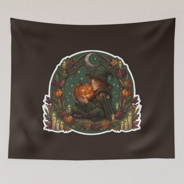 Item preview, Witch with Jack-o’-Lantern, Samhain Autumn Wreath Sticker designed and sold by Roberta Calabrese.