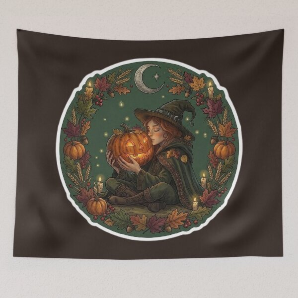 Item preview, Witch with Jack-o’-Lantern, Samhain Autumn Wreath Sticker designed and sold by Roberta Calabrese.