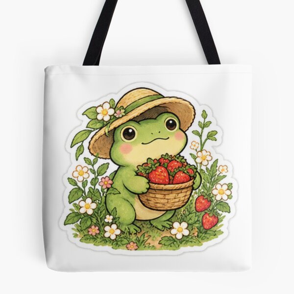 Item preview, Cute Green Frog with Strawberry Basket and Flower Garden designed and sold by manexus.