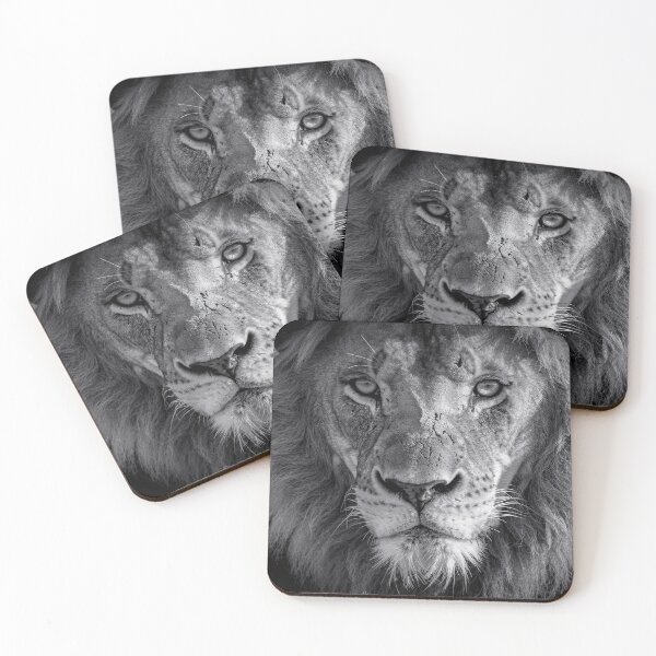Item preview, Black and White Lion Portrait – Powerful African Lion Close-Up Wildlife Photography designed and sold by LazyOwlStore.