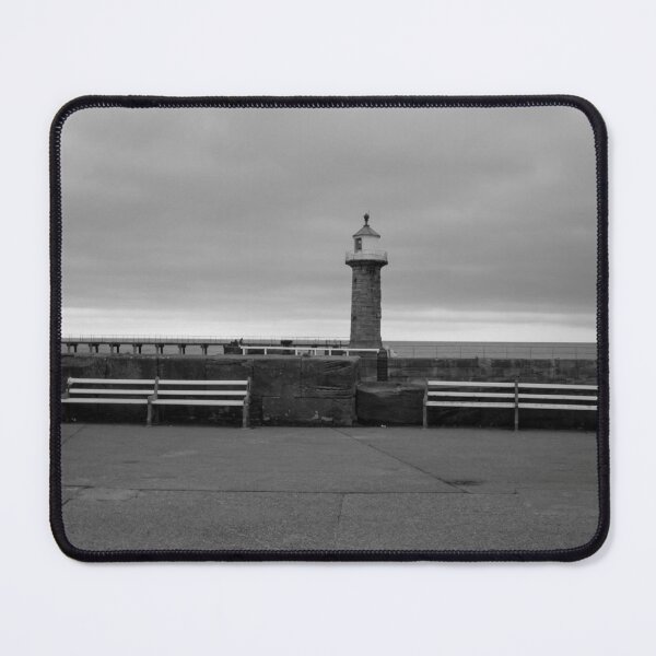 Item preview, Monochrome Whitby Pier, Lighthouse and Benches designed and sold by Astute-Artio-Photography.