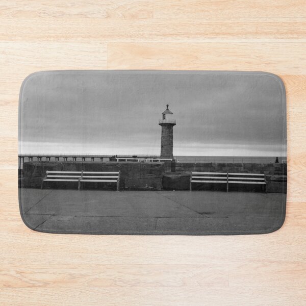 Item preview, Monochrome Whitby Pier, Lighthouse and Benches designed and sold by Astute-Artio-Photography.