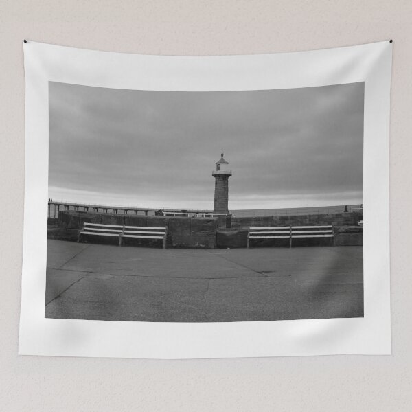 Item preview, Monochrome Whitby Pier, Lighthouse and Benches designed and sold by Astute-Artio-Photography.