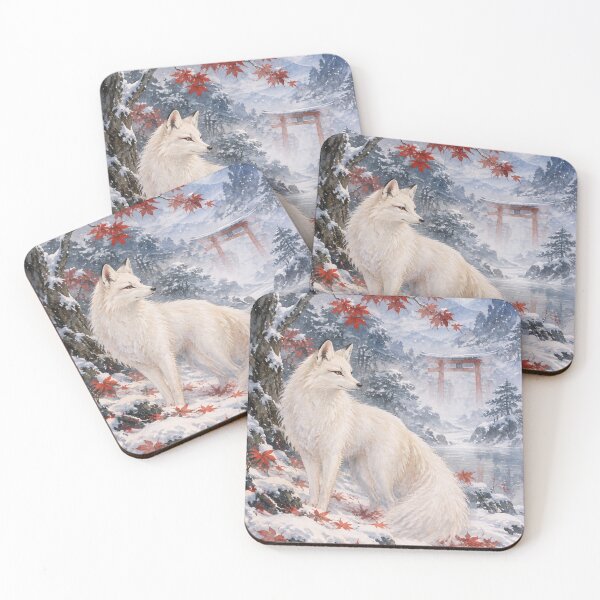 Item preview, Japanese White Kitsune Fox and Torii Gate Winter Watercolor designed and sold by vekotpu.