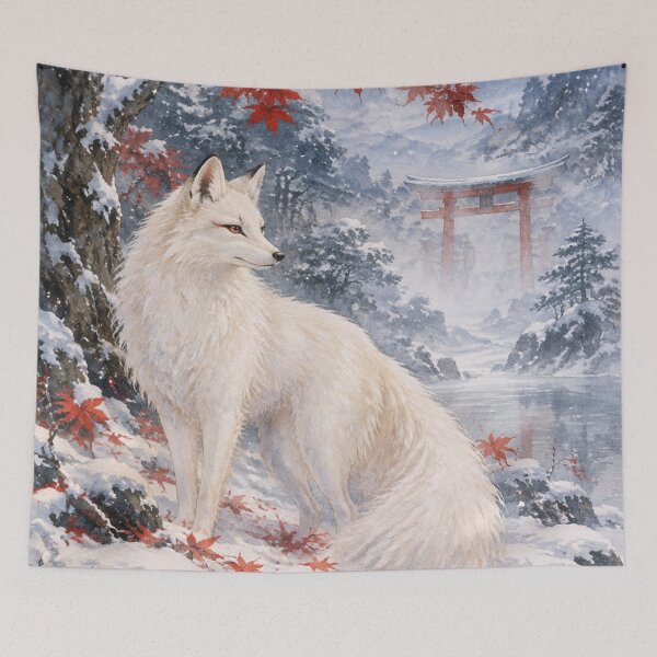 Item preview, Japanese White Kitsune Fox and Torii Gate Winter Watercolor designed and sold by vekotpu.