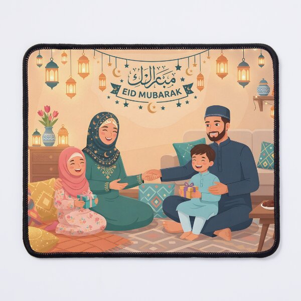 Artikelvorschau, Eine muslimische Familie feiert gemeinsam Eid Mubarak in einem festlich geschmückten Wohnzimmer. entworfen und verkauft von homydesign.