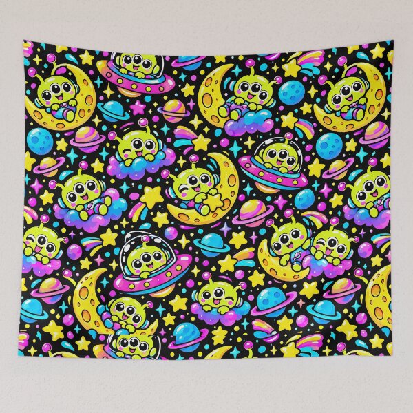 Item preview, Three Eyed Alien Flying Cute Neon UFO designed and sold by Thai Vibe Studio.